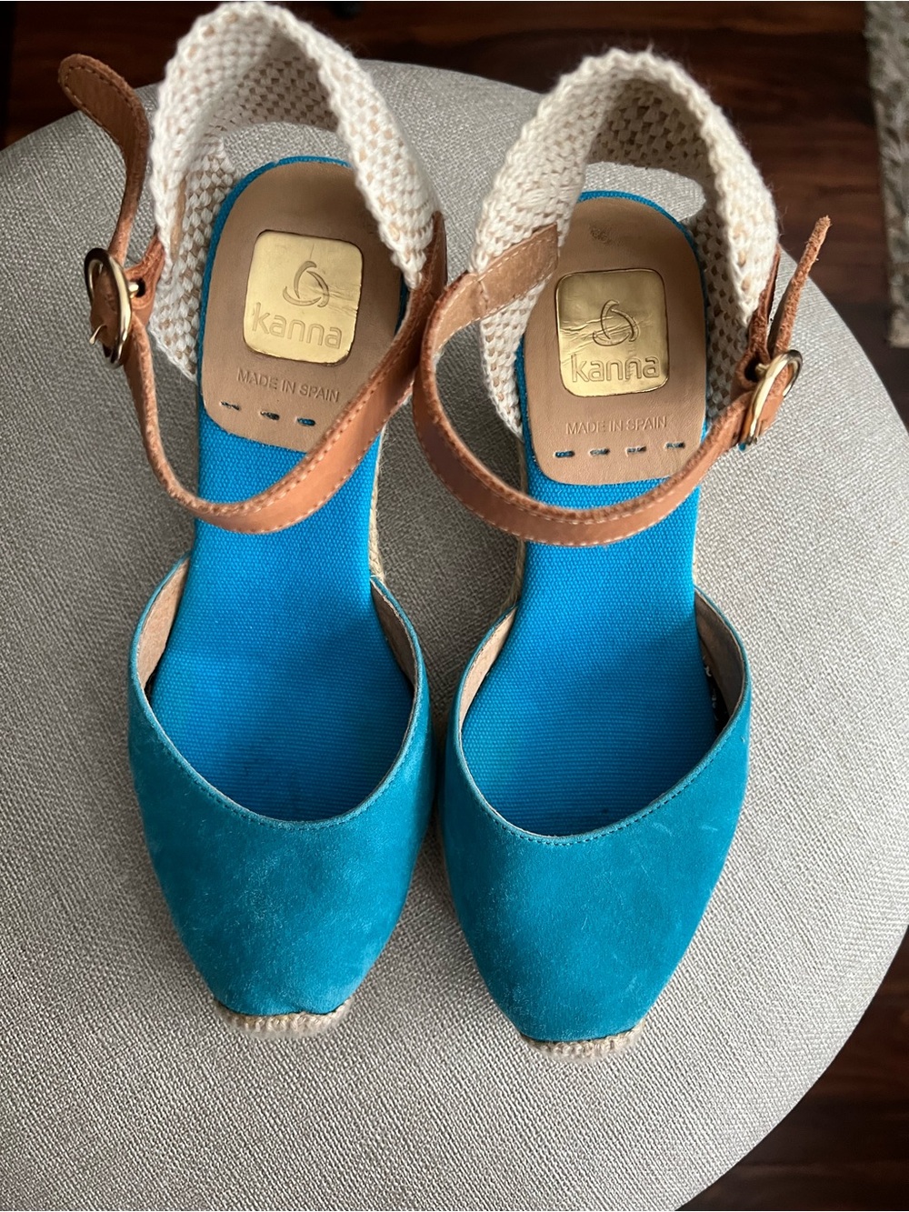 Kanna Teal Espadrille Wedge Sandals with Tan Ankle Strap size 36 - Picture 2 of 11
